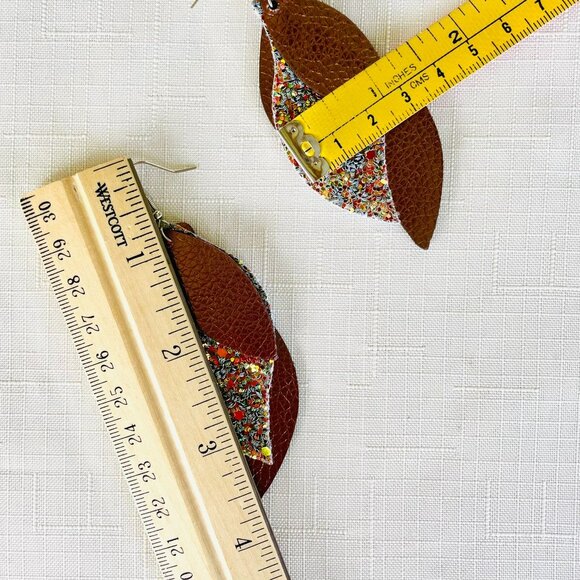 Leaf-Shaped Faux Leather Earrings in Copper w/Layered Silver Gold Glitter Accent - Picture 3 of 6
